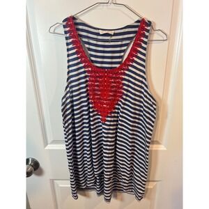 Le Sample Womens Tank Top Red Embroidered Trim Striped Navy Blue XL